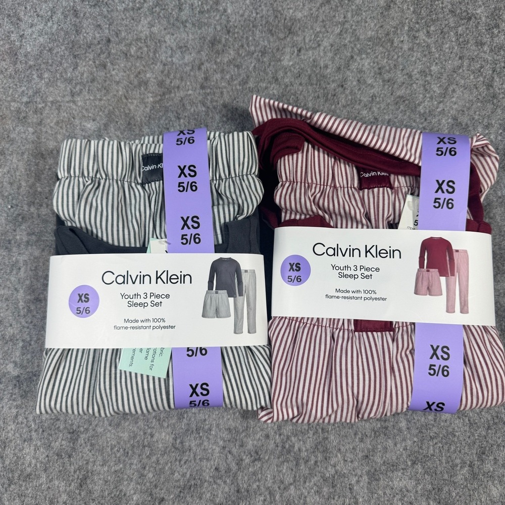 LOT OF 2 Calvin Klein Youth 3 Piece Sleep Set XS 5/6 Pajamas Striped Magnet Red